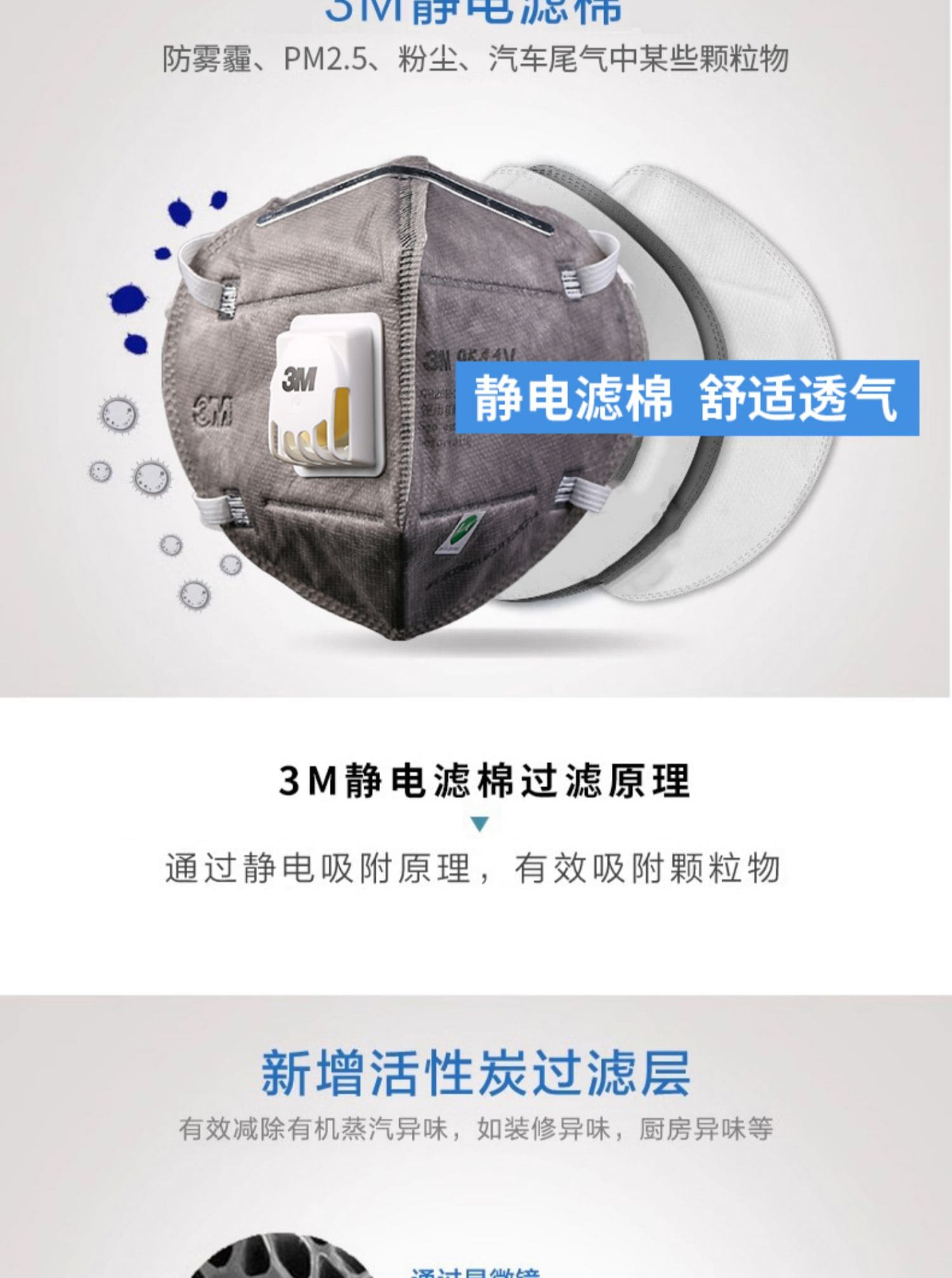 3M 9541V 防颗粒物口罩 （呼气阀、耳带式、活性炭、减除有机蒸气异味、中国KN95认证）